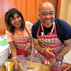 Lynwood and Azmina Govindji at a cooking demonstration. 