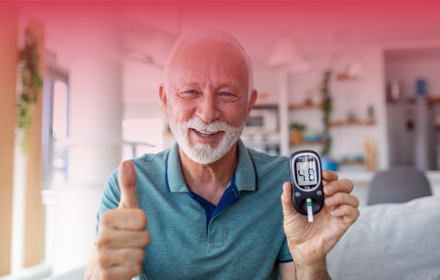 Elderly Man With Blood Glucose Monitor Banner RED T